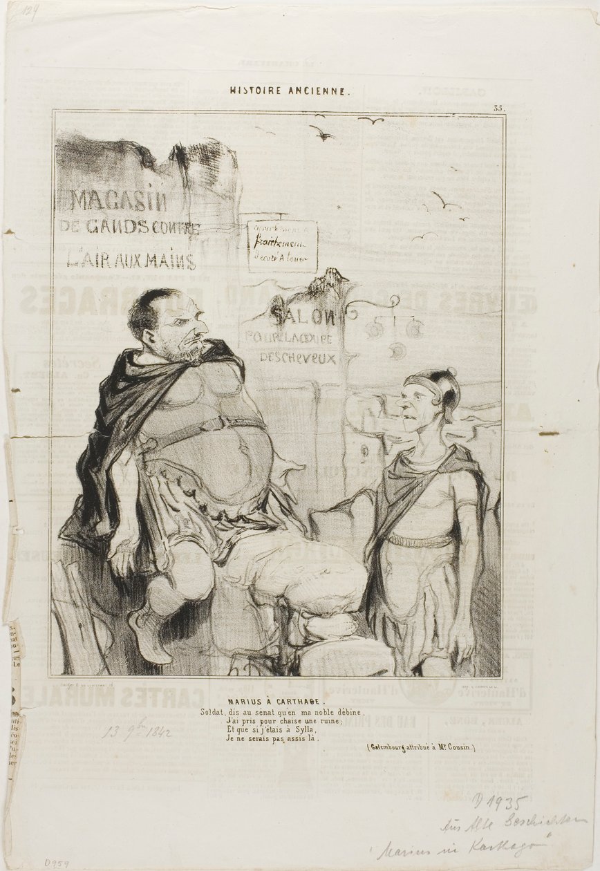 Marius At Carthage. Soldier, say to the senate that in my noble poverty I have taken for a chair a ruin And if I were in Sylla I would not be sitting here. (Pun attributed to M. Cousin), plate 35 from Histoire Ancienne by Honoré Victorin Daumier