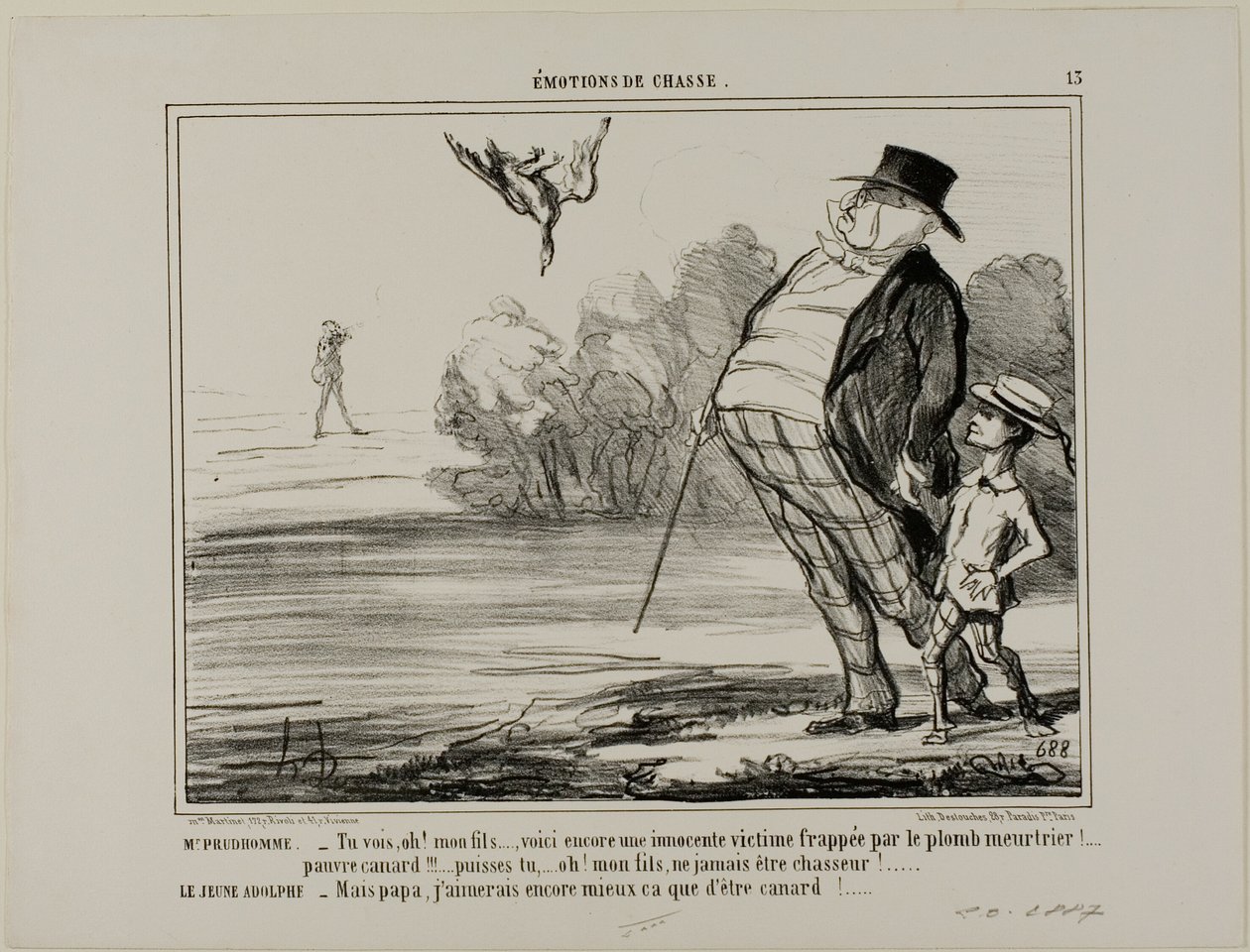Mr. Prudhomme: "There you are again, my son... another innocent victim of the murderous lead." Plate 13 by Honoré Victorin Daumier