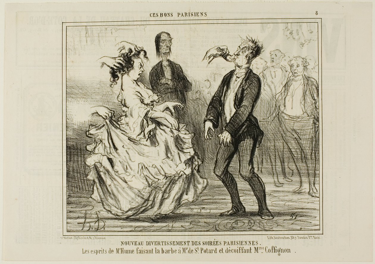 New Entertainment at the Parisian Evening Parties. The spirit of Mr. Hume shaving the beard of Monsieur de St. Potard and undoing the hair of Madame Coffignon, plate 8 from Ces Bons Parisiens by Honoré Victorin Daumier