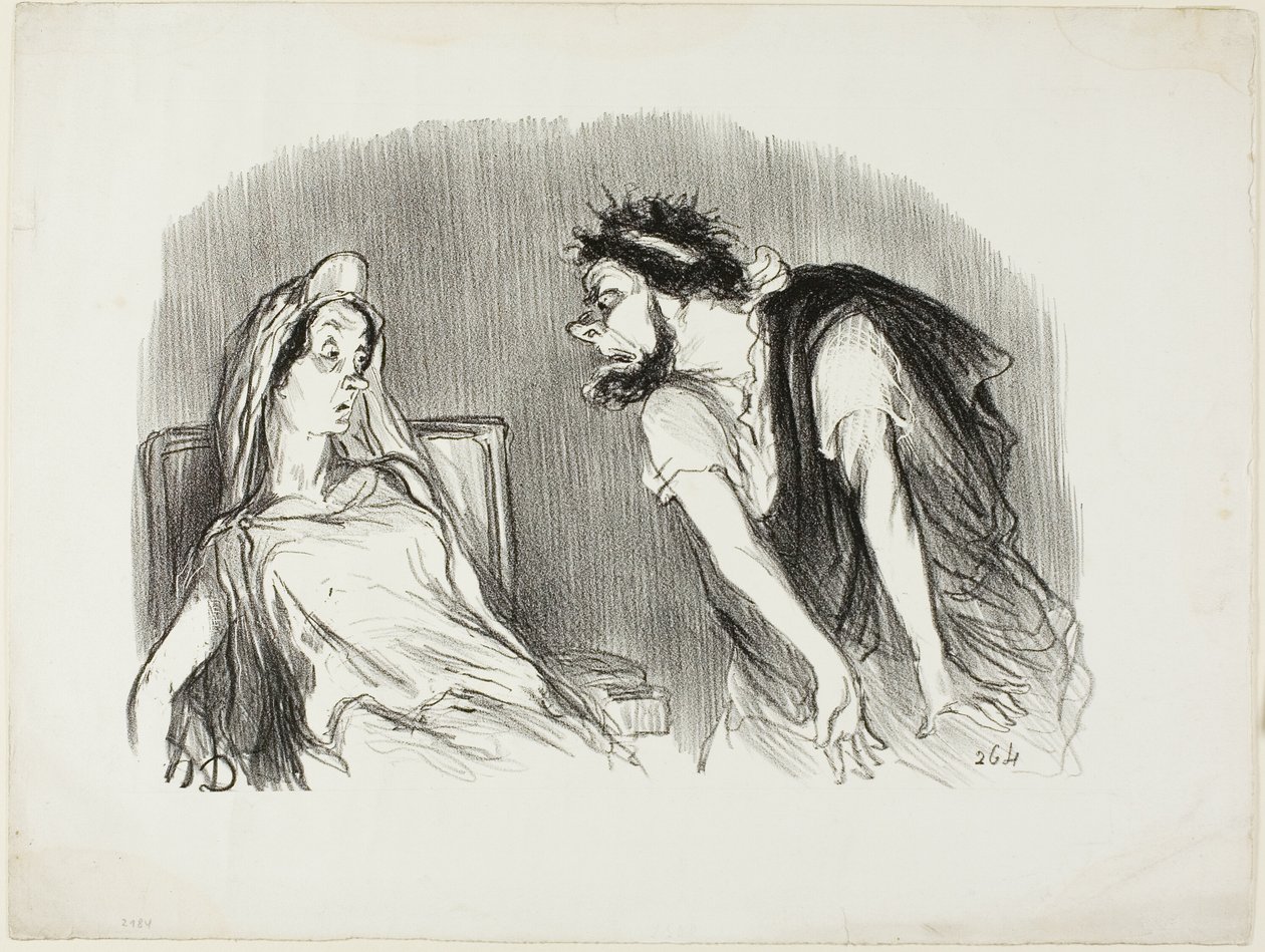Oedipus. "- When my sword cut into his bleeding heart - You are trembling Madame - It was then that the world was falling apart," plate ten from Physionomies tragiques by Honoré Victorin Daumier