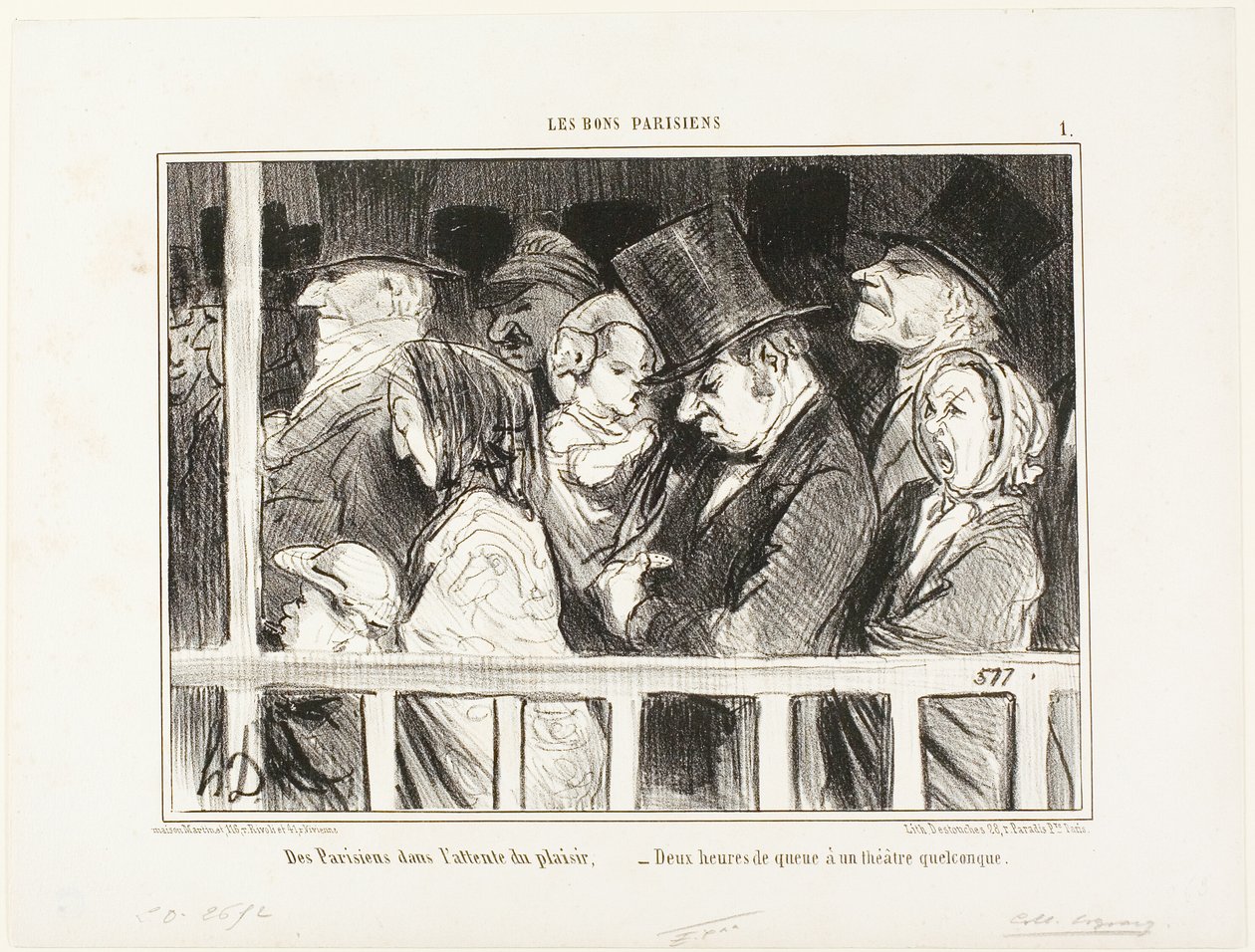 Parisians looking forward to some fun. Queuing up for two hours in front of any theater in town, plate 1 from The Good Parisians by Honoré Victorin Daumier
