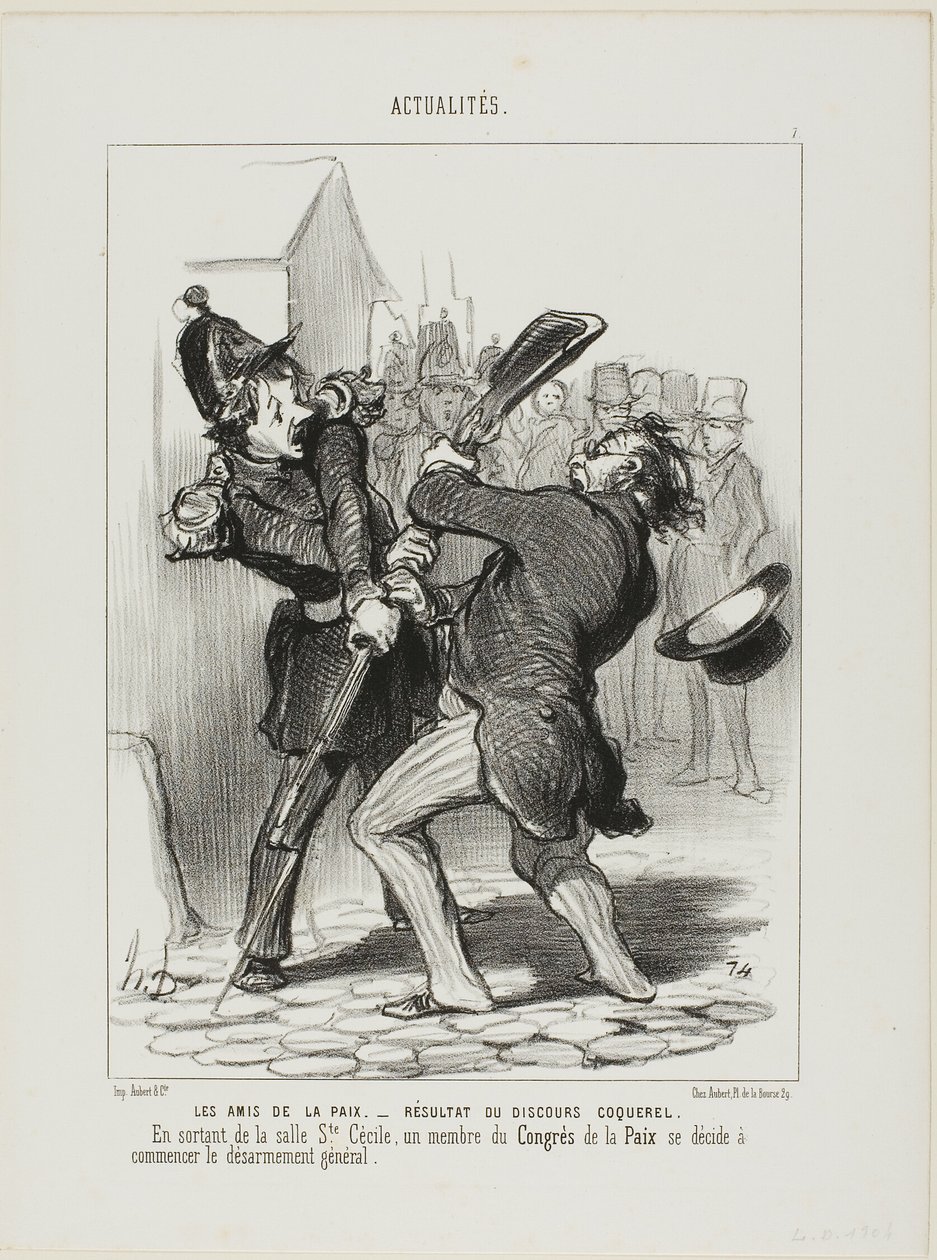 The Friends of Peace - Result of a Speech By Coquerel. On leaving the ward of Saint Cécilia, a member of the peace congress decided to start general disarmament, plate 7 from Actualités by Honoré Victorin Daumier