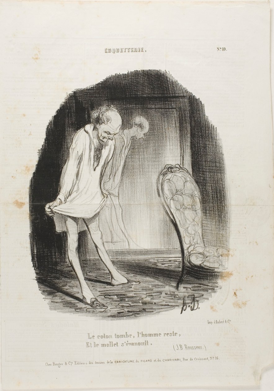 The Gown Falls, Man Remains, and the Legs are Shaking. (J.B. Rousseau), plate 10 from Coquetterie by Honoré Victorin Daumier