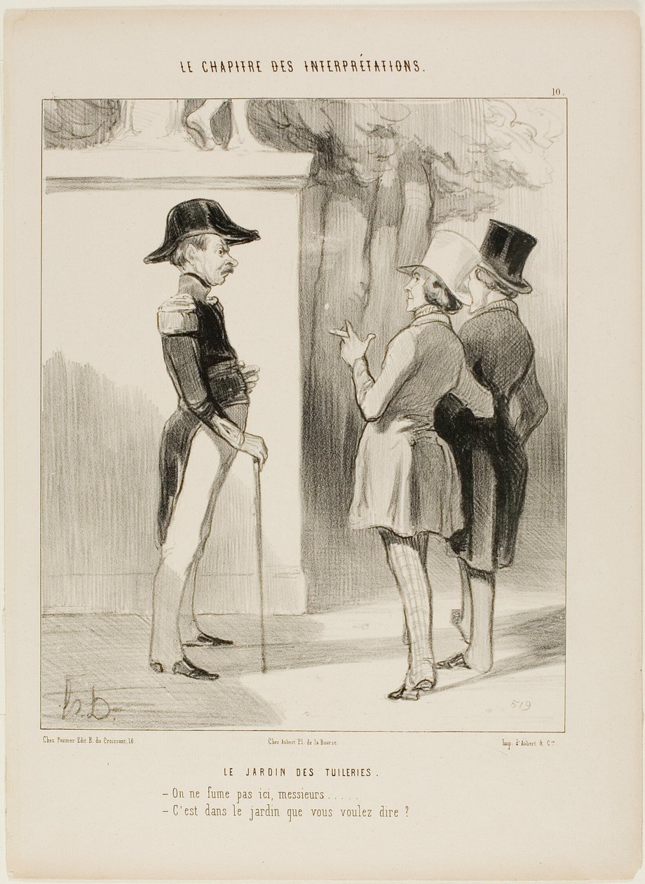 The Tuileries Gardens. “- No smoking here, Sir! - You mean in the garden?,” plate 10 from The Chapter of Interpretations by Honoré Victorin Daumier
