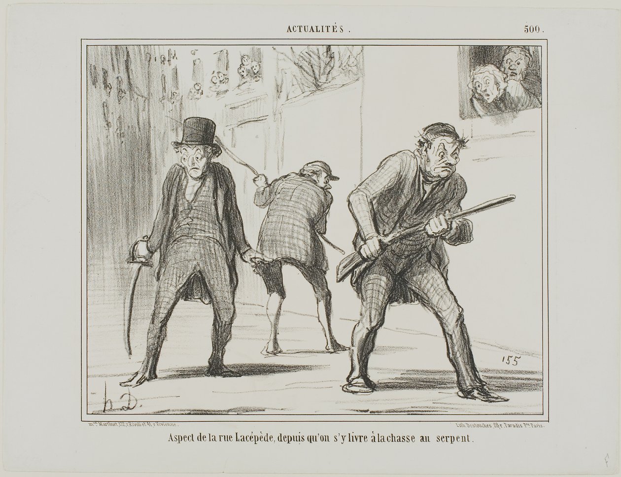 View of rue Lacépède during the hunt for a serpent, plate 500 from Actualités by Honoré Victorin Daumier