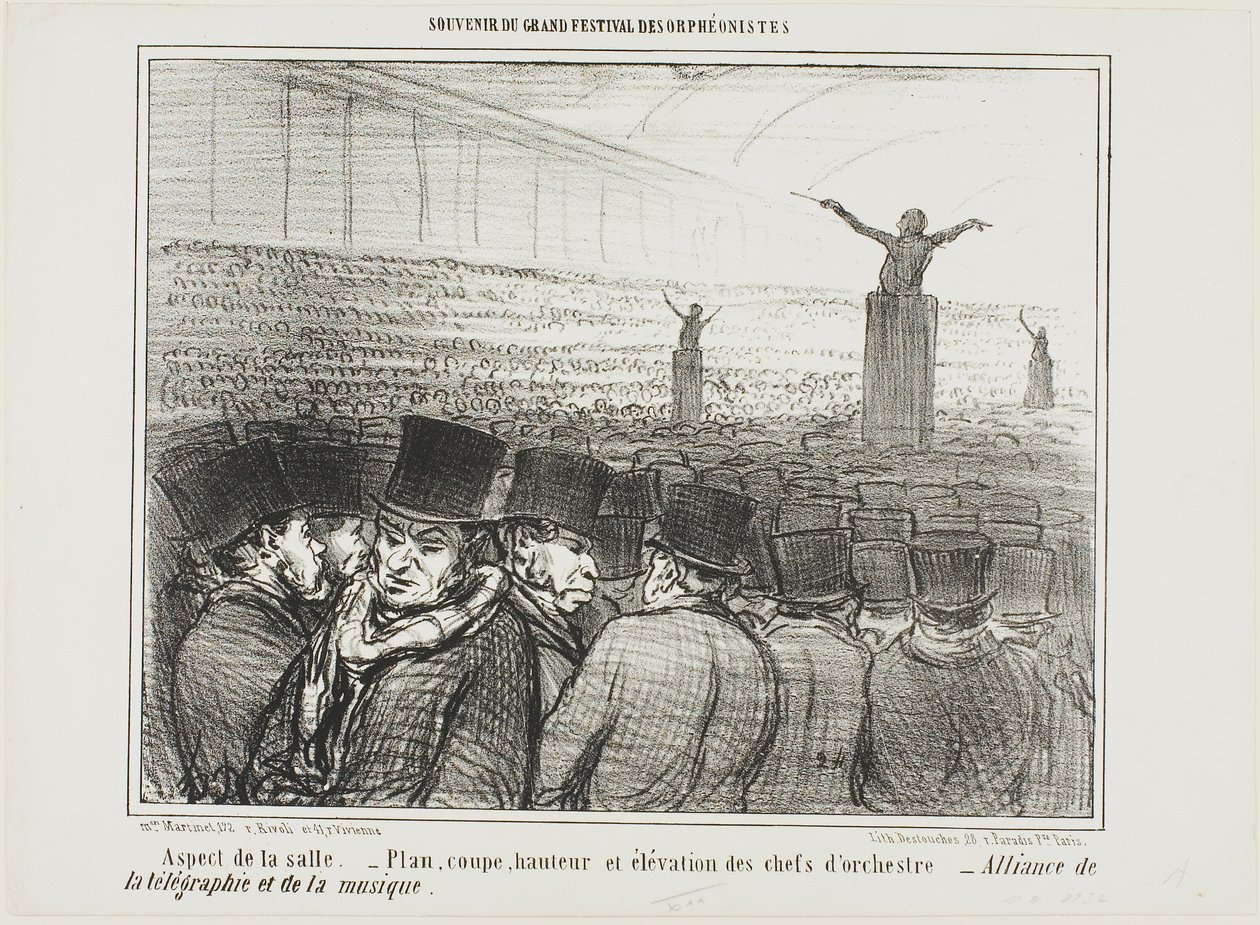View of the grand hall. Map, height and view from front of the conductor. Grand alliance between telegraph and music, plate 1 from Souvenir Du Grand Festival Des Orphéonistes by Honoré Victorin Daumier