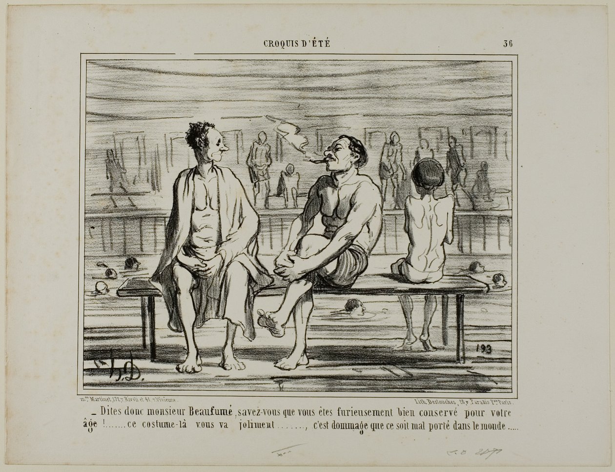 "You know, Monsieur Beaufumé, actually you have kept damned well considering your age. This costume suits you perfectly.... just too bad that it does not look good on everybody," plate 36 from Croquis D