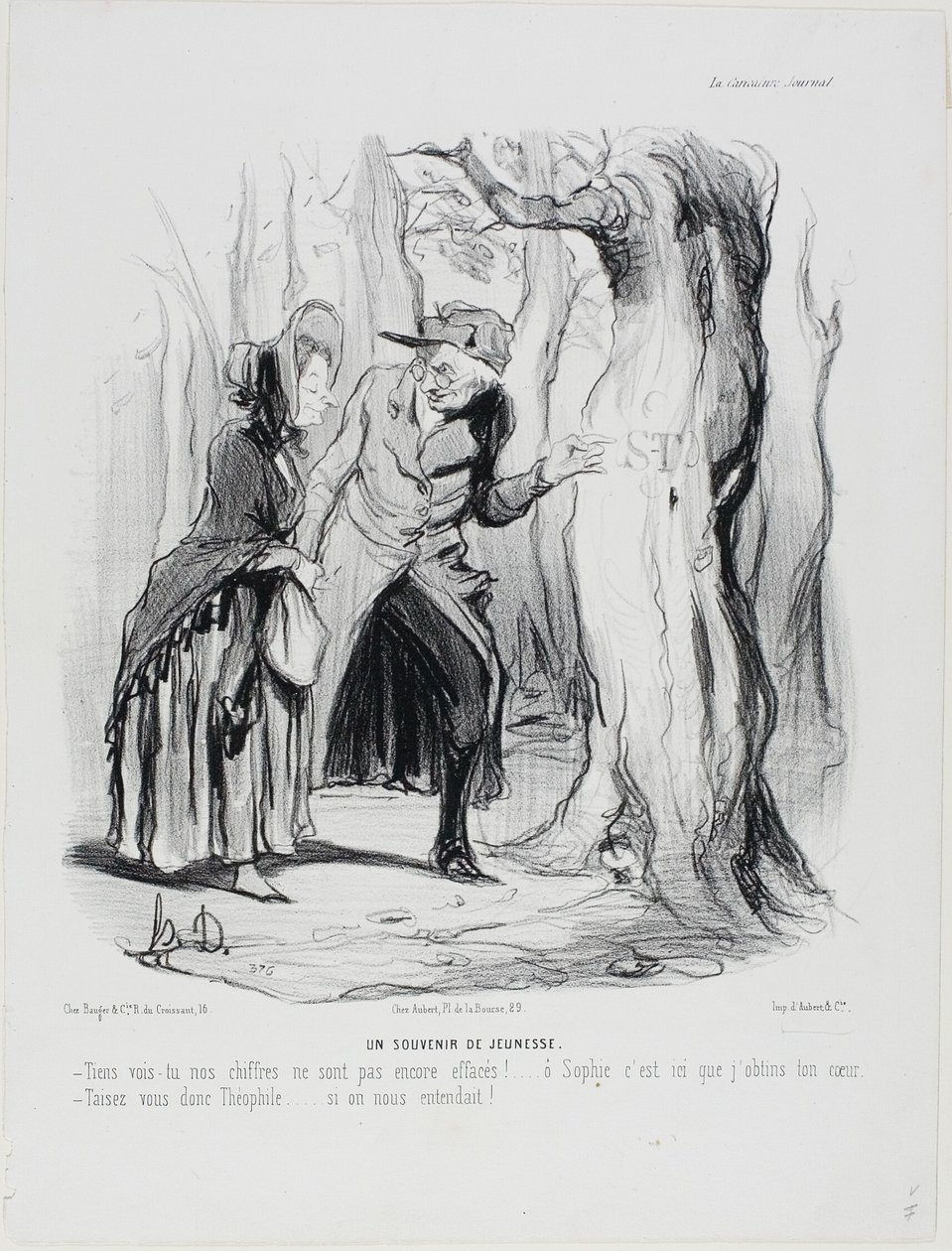 Youthful Memories. "- You see our letters have not yet been erased... oh Sophie, it was here that I gained your heart. - Hold your tongue now, Théophile.... if someone should hear us!," plate 49 from Married Life by Honoré Victorin Daumier