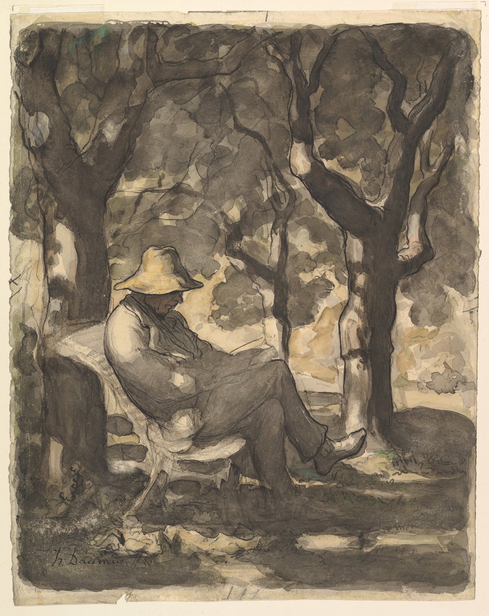 A Man Reading in a Garden (recto); Preliminary Sketch for a Man Reading in a Garden (verso) by Honoré Daumier