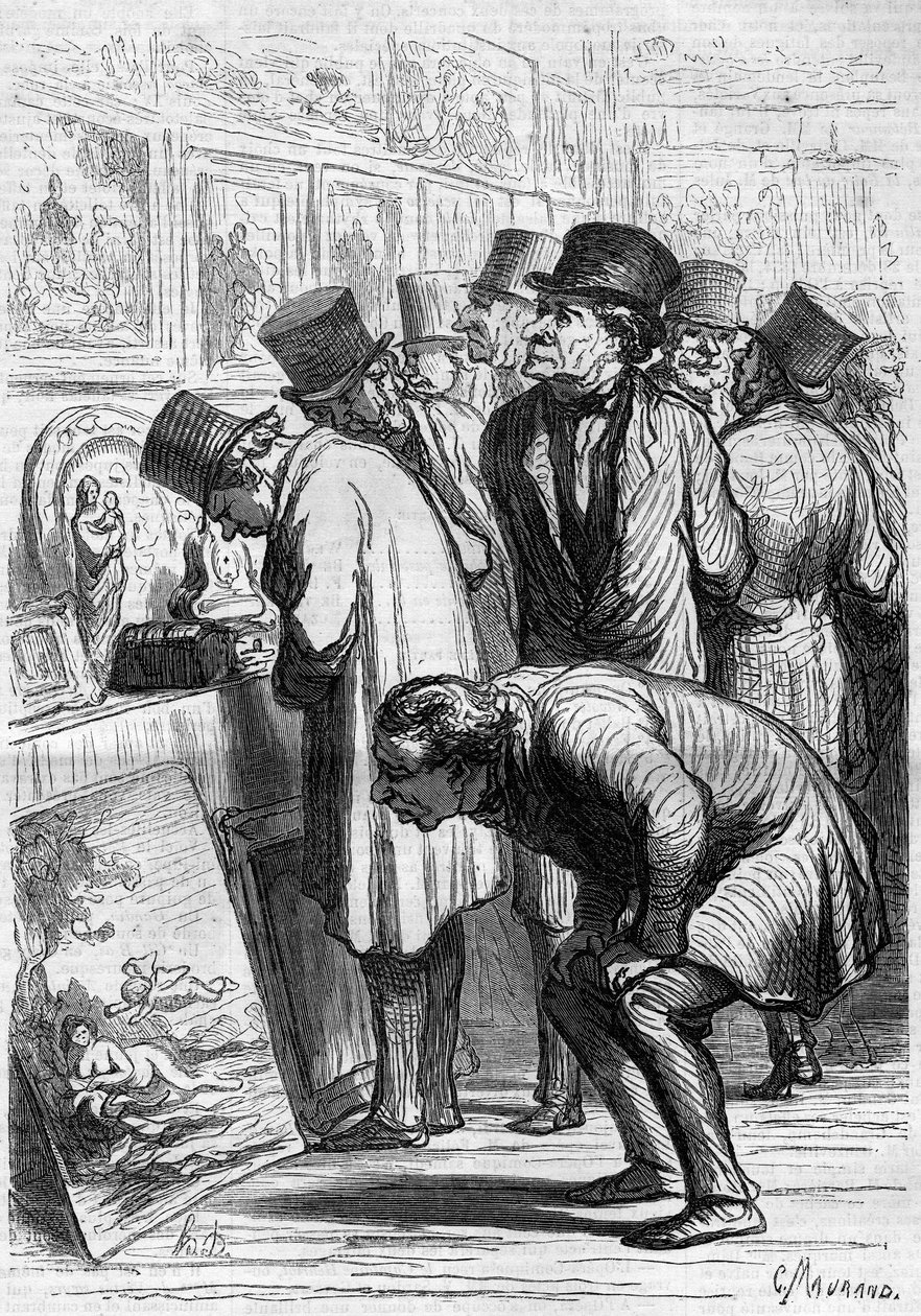 A Room of the Hotel Drouot, a Day of Exhibition. Cartoon by Honore Daumier. Engraving in Le Monde Illustré n°265 of 10 May 1862 by Honoré Daumier