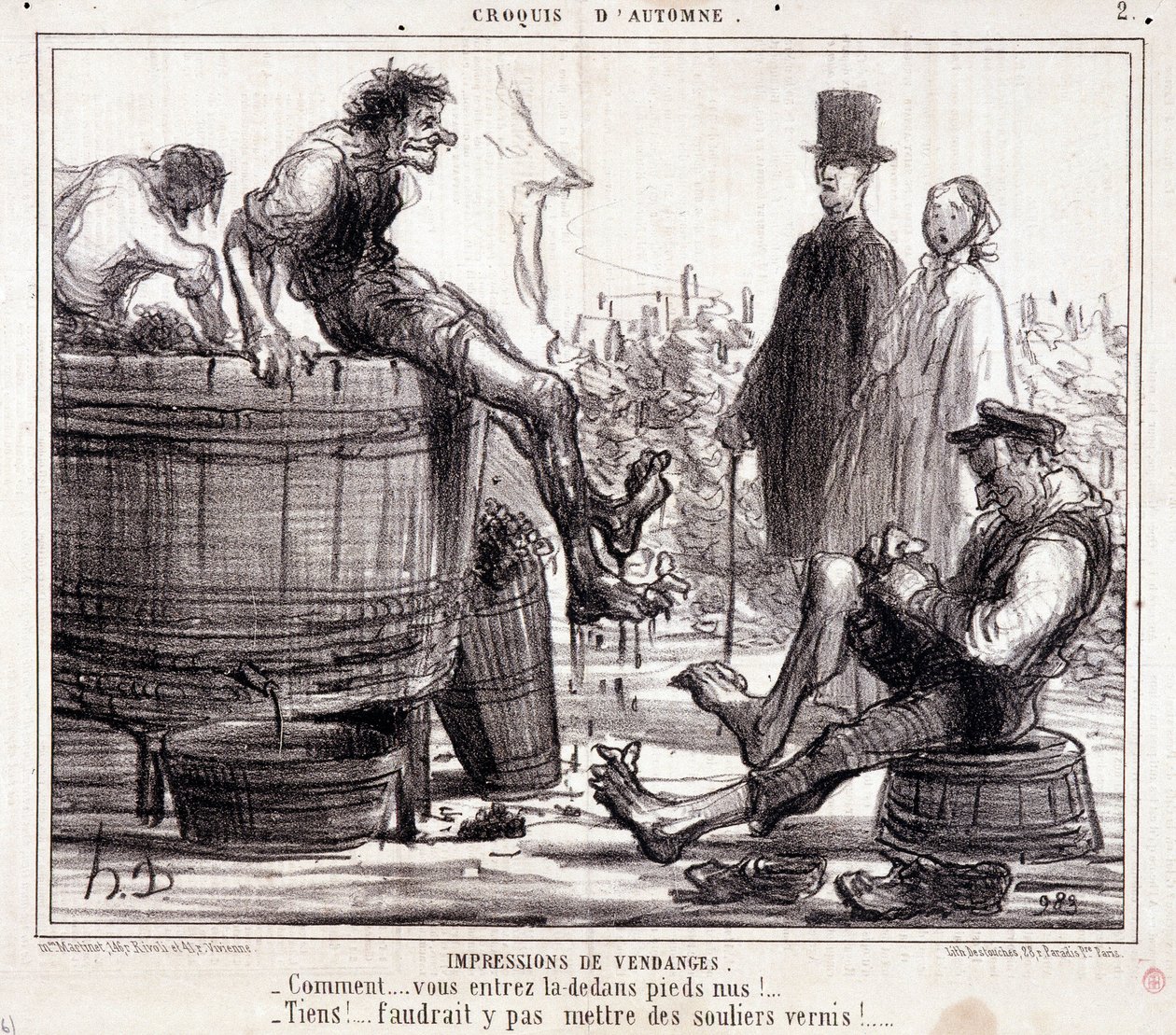 Cartoon about harvesters trampling on barefoot grapes, from the series 