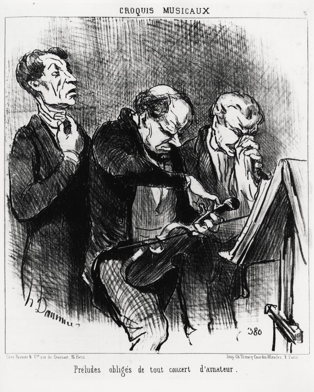 Musical Sketches: Obligatory Preludes of Any Amateur Concert. Three Musicians Strive to Illuminate Their Voices, Tune a Violin and Blow Their Nose with Ostentation. Illustration by Honore Daumier, Published in Charivari, Dated March 3 by Honoré Daumier