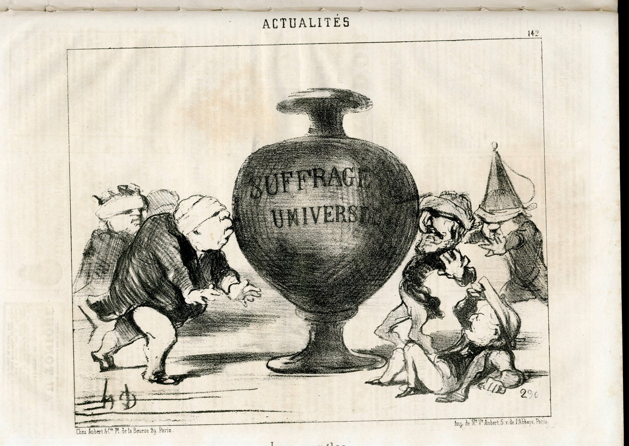 Satirical in B&W: News - President of the Republic, Universal Suffrage - Thiers Adolphe, Montalembert Charles de, Louis Matthieu Mole, Dupin Andre-Marie, dit Dupin aine by Honoré Daumier