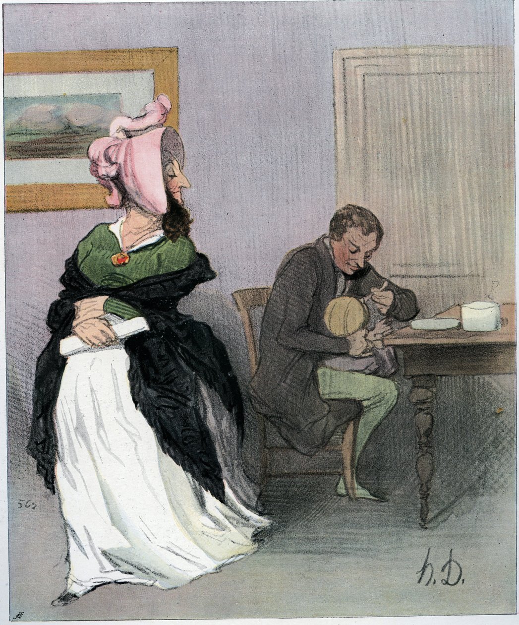 Serie Les bas bleu, which turns in derision the women authors who delay family life and domestic tasks for the benefit of their intellectual work and establish themselves in an exclusively male environment: a young woman emancipated, leaving the infant by Honoré Daumier