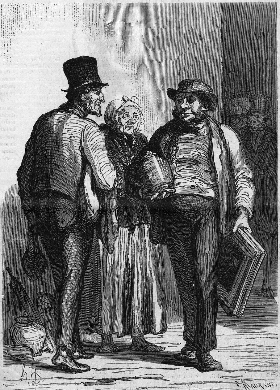 The Hotel des Commissaires Ariseurs: the merchants. Cartoon by Honore Daumier. Engraving in Le Monde Illustré No. 326 of January 11 by Honoré Daumier