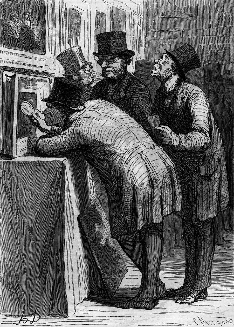 The auction house: the art lover. Caricature by Honore Daumier (1808-1879). Engraving in “Le Monde Illustré” n°314 of 18 April 1863 by Honoré Daumier