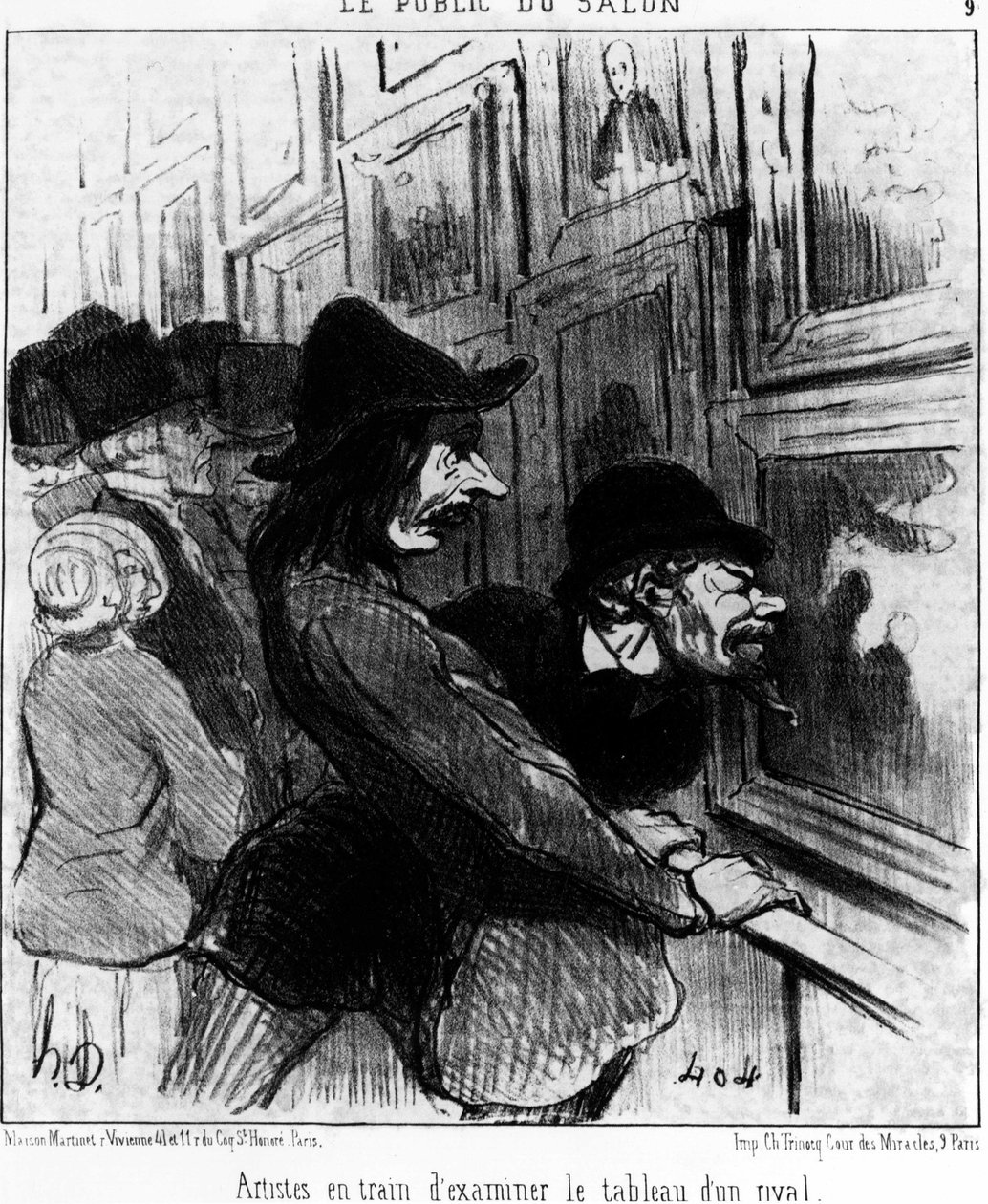 The audience of the show. Artists examining the painting of a rival, from 
