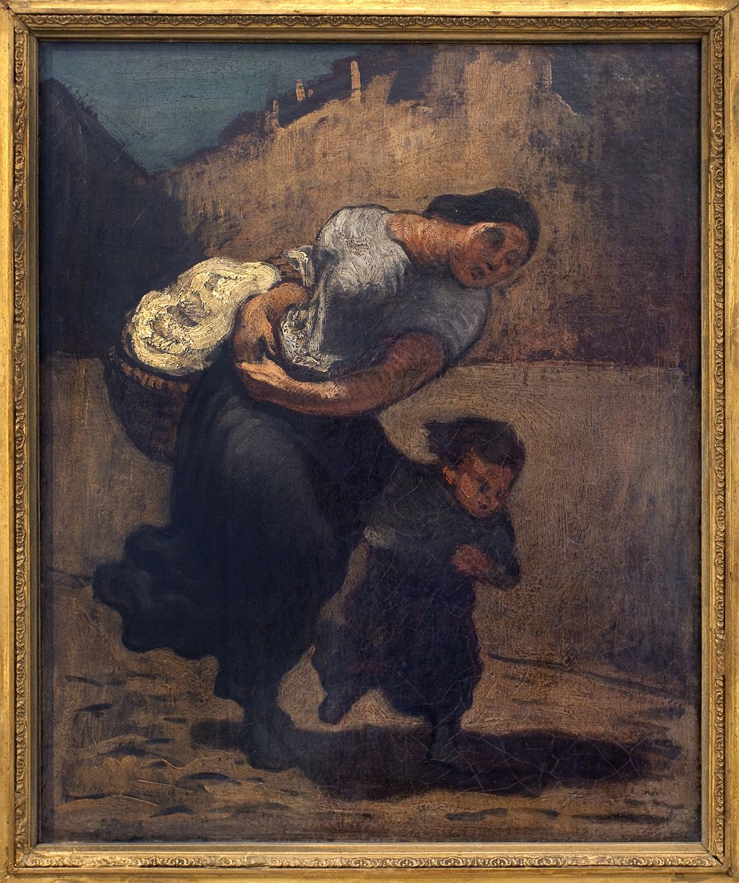 The storm (the lavender). A woman holding a short basket with a child, probably to protect herself from the rain. Artwork of Honore Daumier by Honoré Daumier