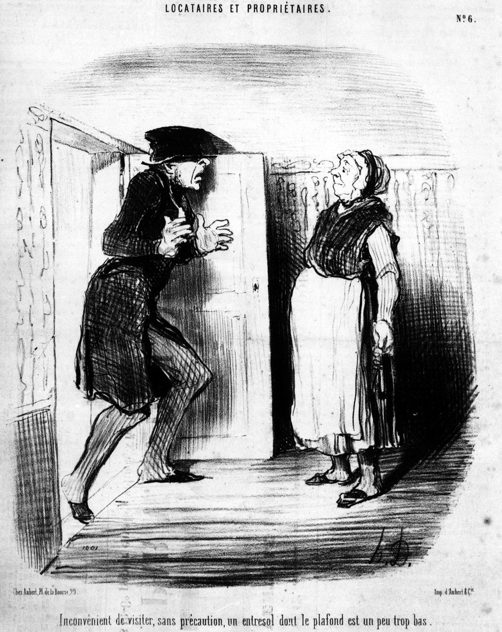 Inconvenient to Visit, Without Caution, an Entresol Whose Ceiling is a Little Too Low, Taken from Tenants and Owners, Cartoon Series by Honore Daumier. Charivari by Honoré Daumier