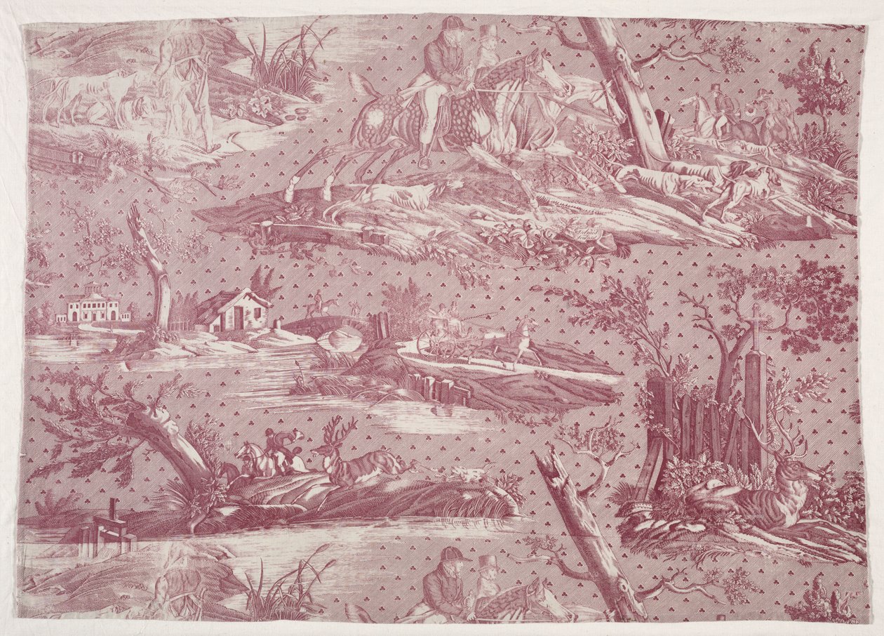 Fragment of Copperplate Printed Cotton with Hunting Scene Design by Emile Jean Horace Vernet