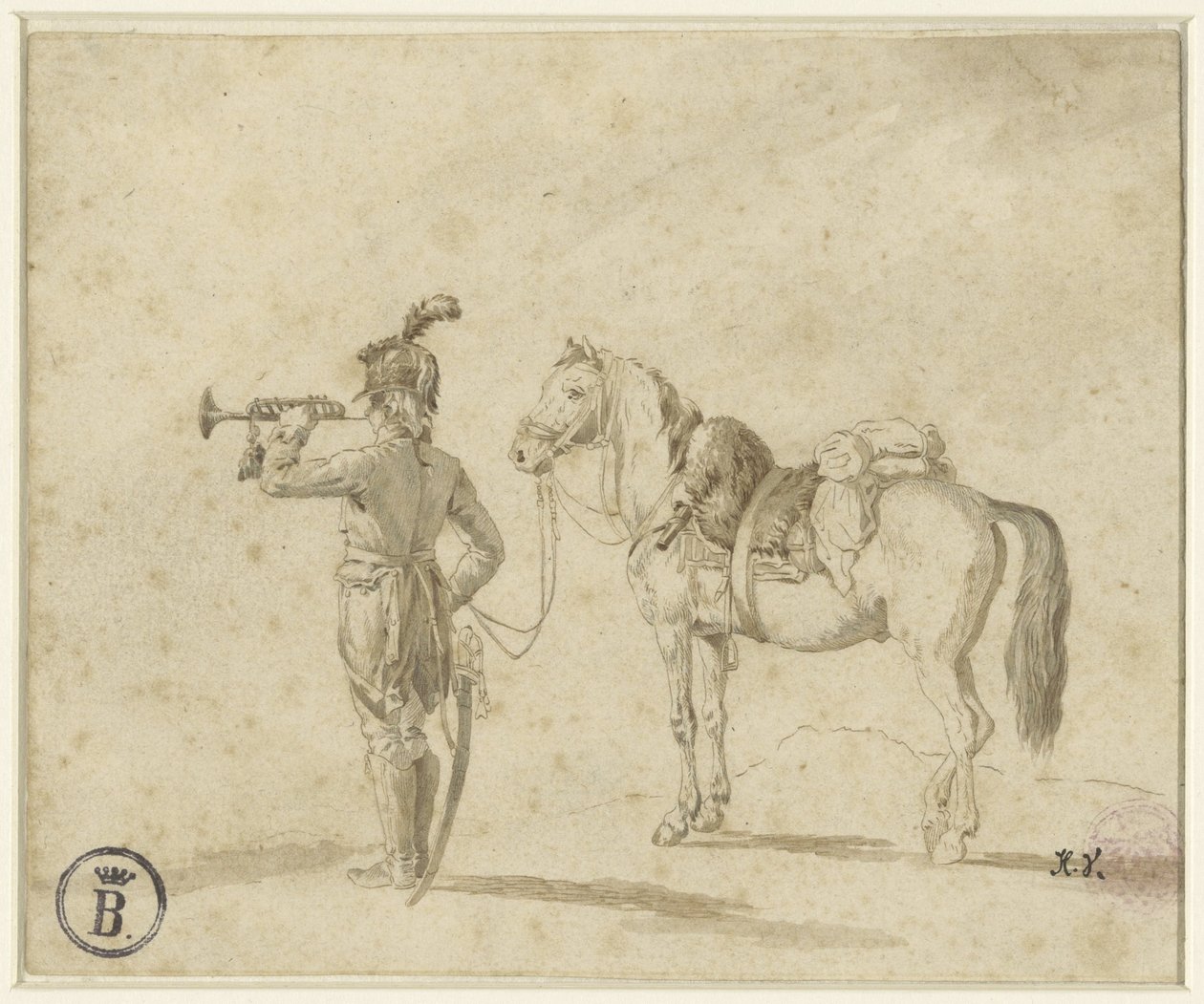 Trumpeter Beside Horse by Emile Jean Horace Vernet