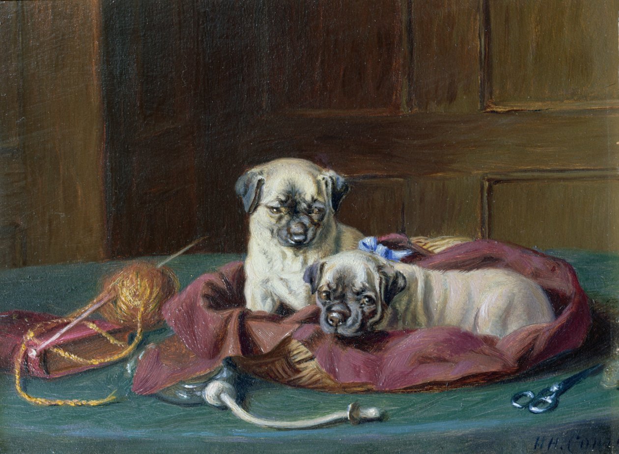 Pug Puppies in a Basket by Horatio Henry Couldery