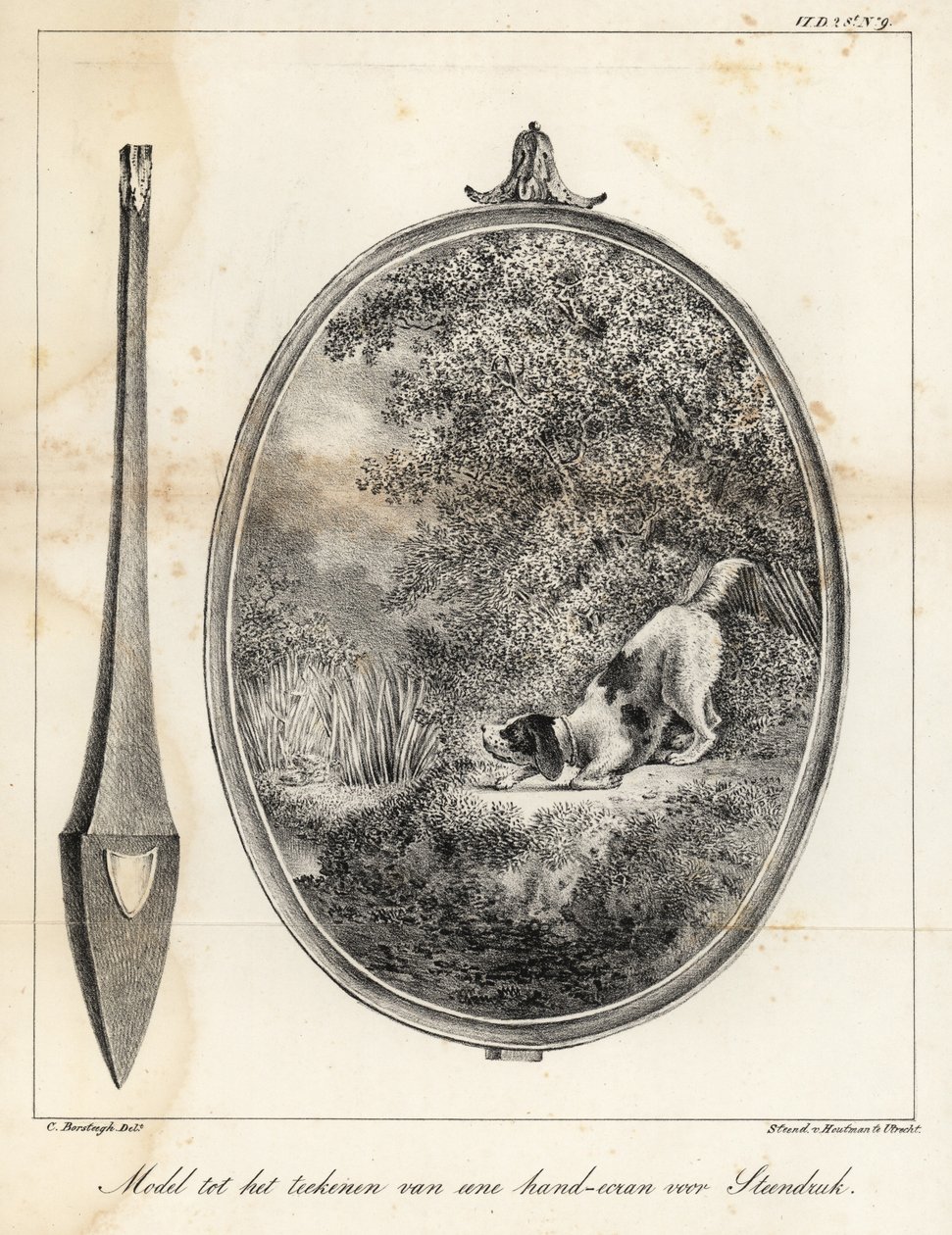 Model for a design for an embroidered hand-screen showing a dog on a riverbank by Houtman Van