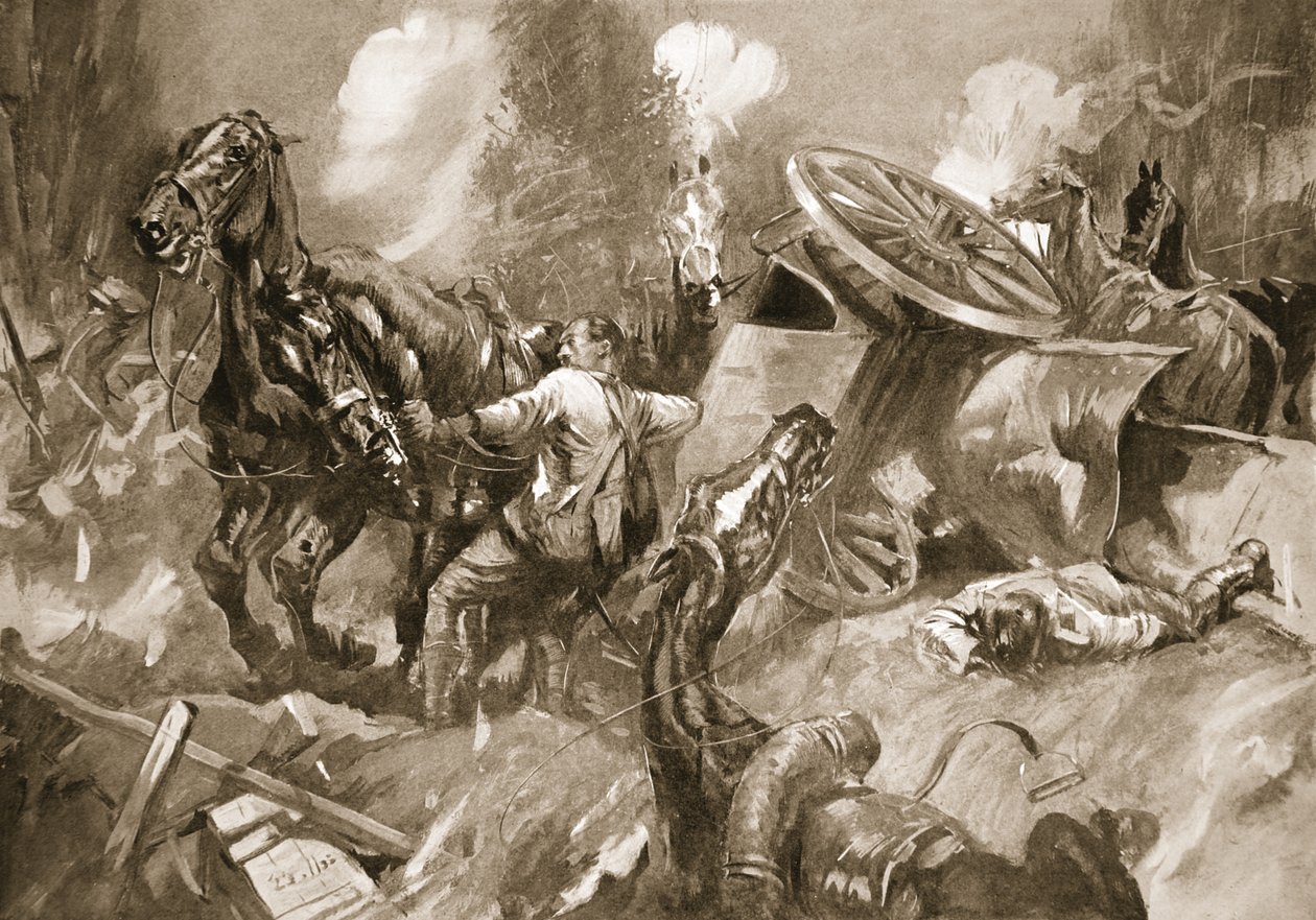 Driver Tanser Extricating Horses Under Heavy Shell-Fire by Howard K. Elcock