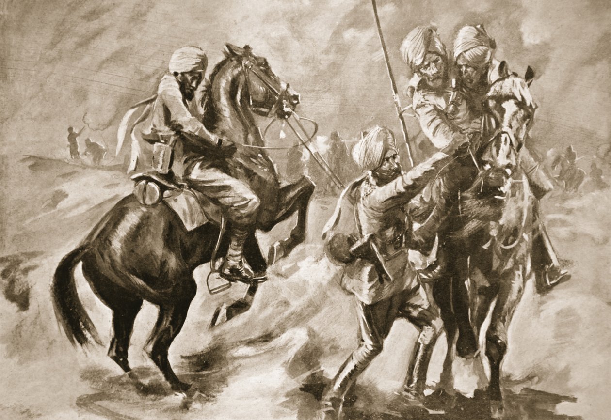 Risaldar Faiz Muhammad Khan and a Sowar rescuing two wounded sepoys by Howard K. Elcock