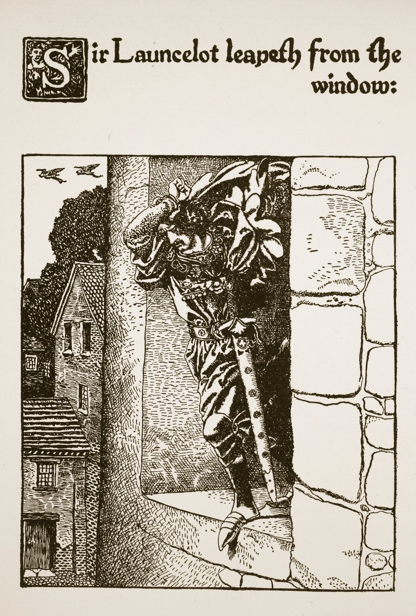 Sir Launcelot leapeth from the window, illustration from 'The Story of ...