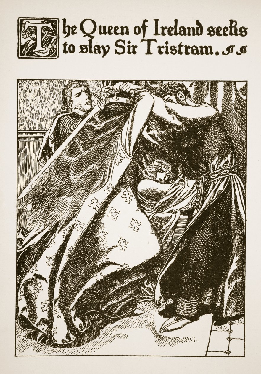 The Queen of Ireland seeks to slay Sir Tristram, illustration from 'The ...
