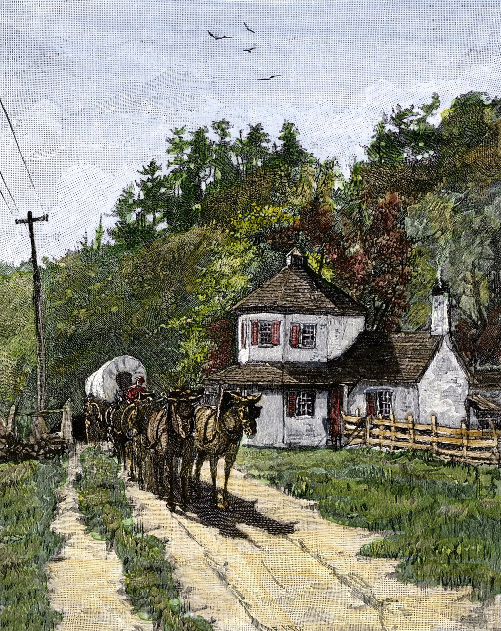Carriage to the West of the United States at the National Pike gate, circa 1850 by Howard (after) Pyle