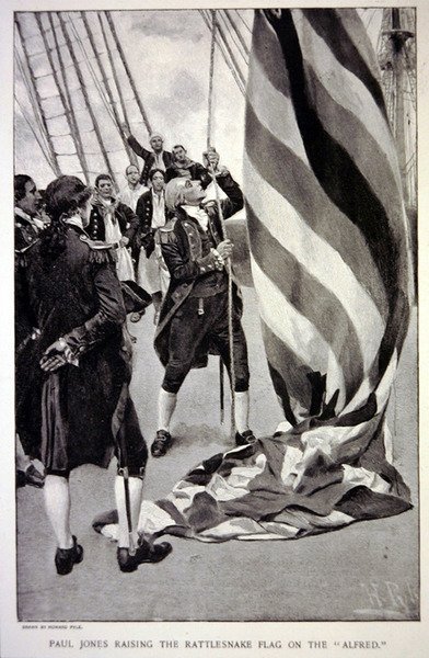 John Paul Jones raising the American Rattlesnake flag on the Alfred by Howard (after) Pyle