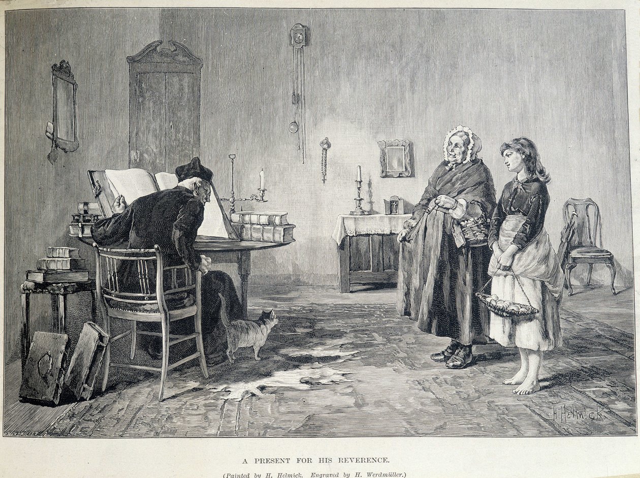 Two Irish women bring a present to a religious. Engraving by H ...
