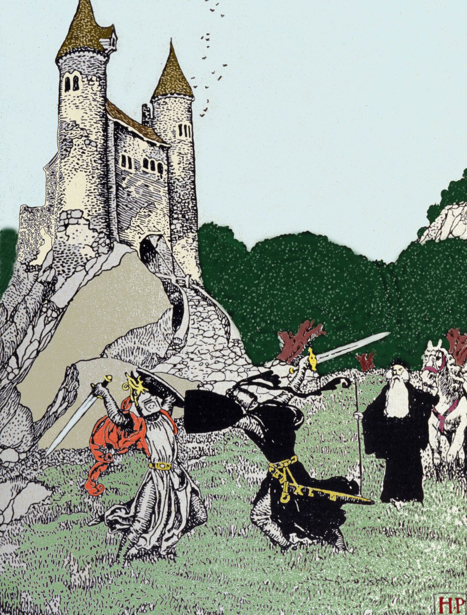 Battle between King Arthur and the black knight in the presence of Merlin the enchanter (Illustration by Howard Pyle) by Howard Pyle