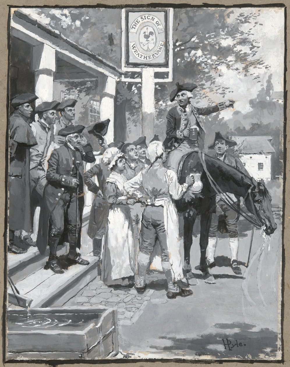 He Stops at the Sign of the Weathervane, drawing of the illustration for the poem by Howard Pyle