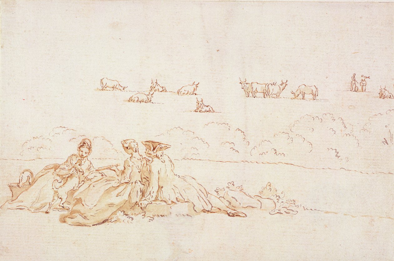 A Picnic: Two Ladies and a Gentleman by Hubert Francois Gravelot