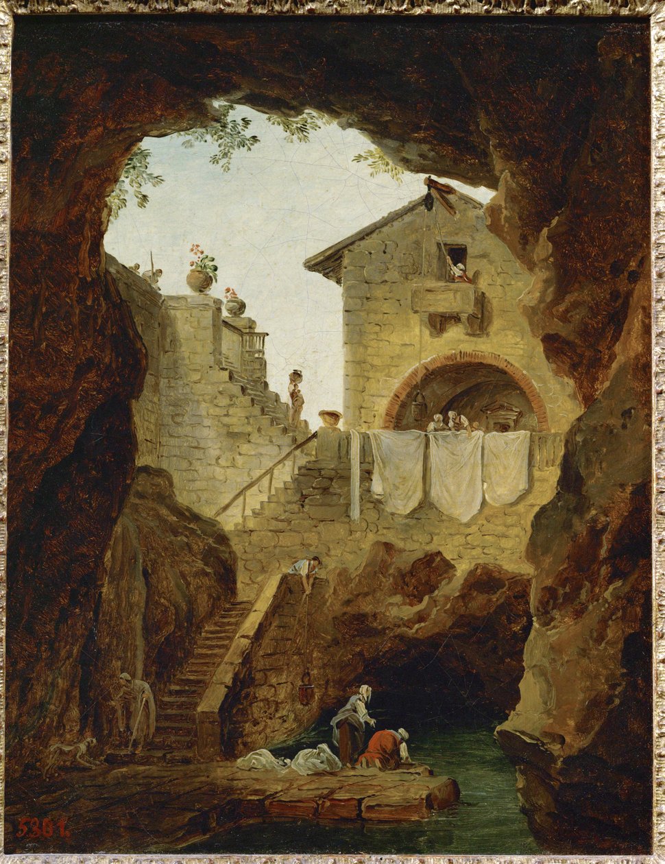 Washerwomen. The Fountain in the Grotto by Hubert (circle of) Robert