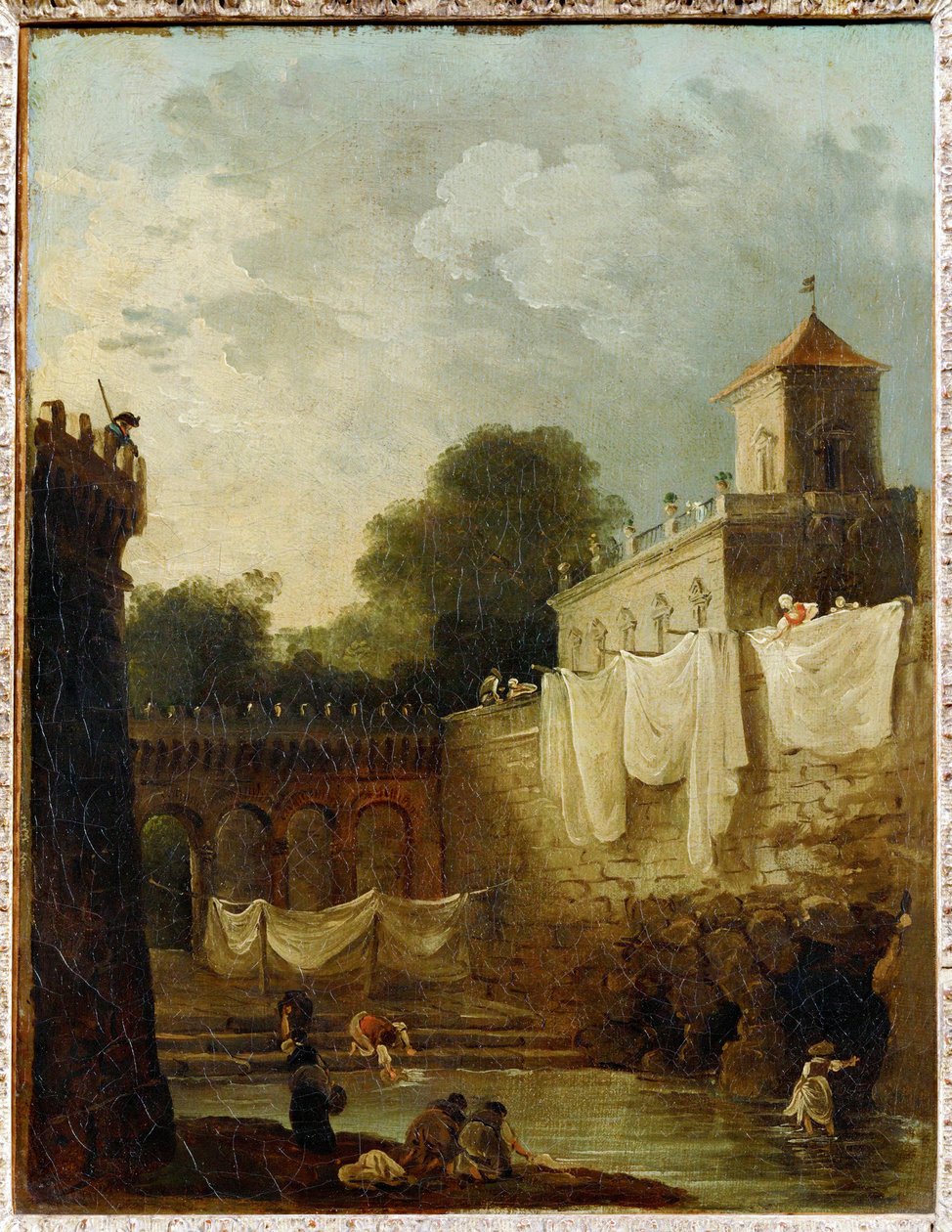 Washerwomen in the Moat of an Italian Villa by Hubert (circle of) Robert