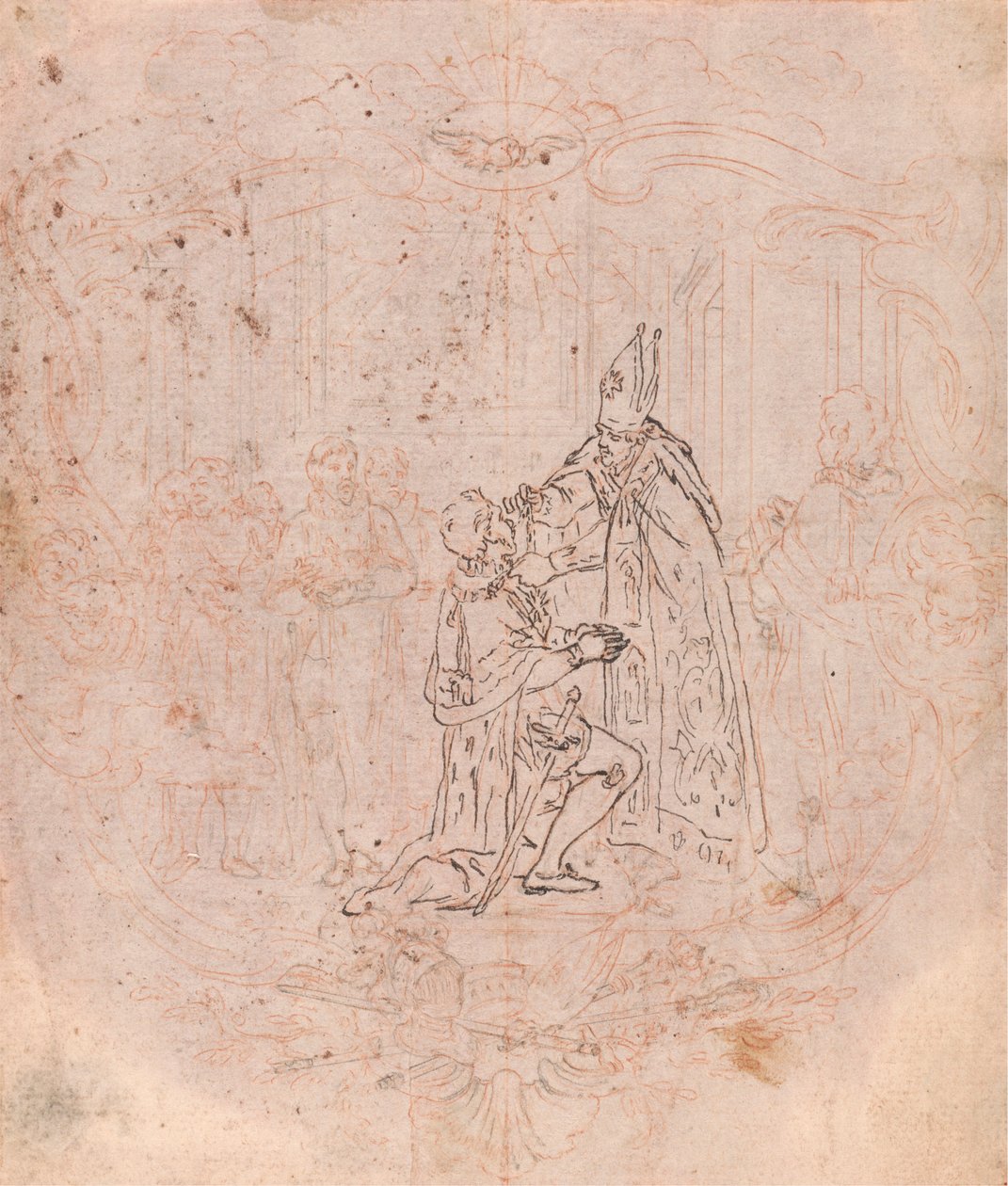 Design for a Frontispiece: A Bishop Conferring an Honor, Scene Within a Cartouche by Hubert Francois Gravelot