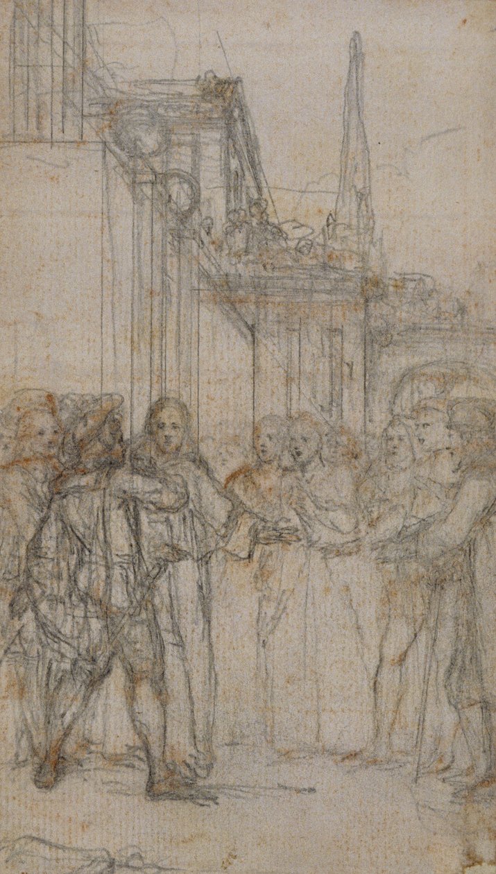 Literary Illustration: Man with Sword Confronting Group of Figures Before Building by Hubert Francois Gravelot