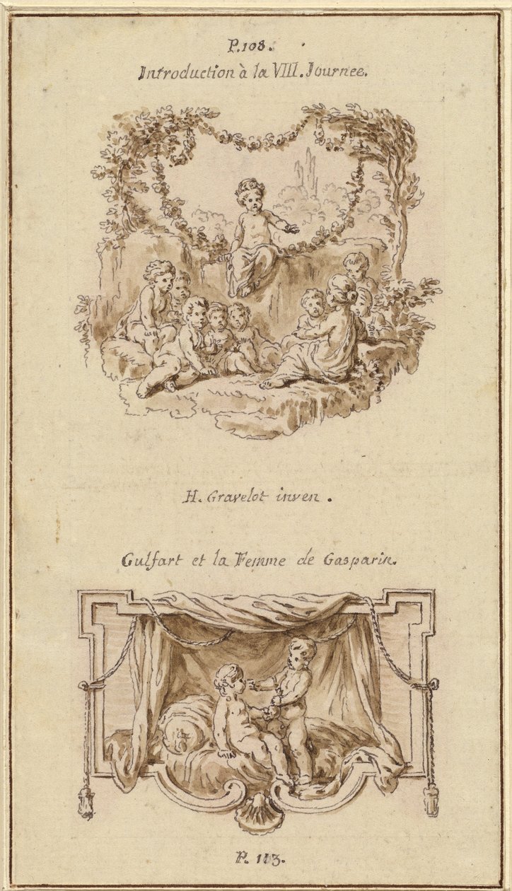 Nine Children Listening to a Girl Tell a Story; A Boy Handing a Purse to a Girl Seated on a Bed by Hubert Francois Gravelot