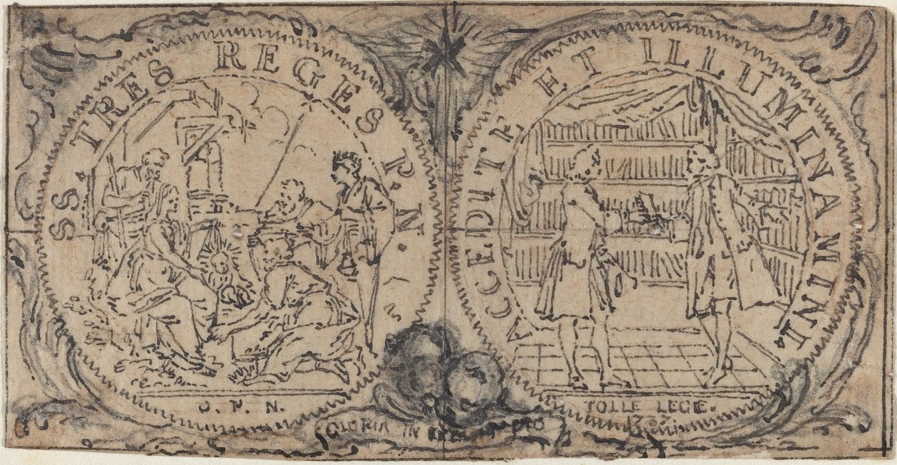 Ornamental Medallions with the Adoration of the Magi and Two Bibliophiles by Hubert Francois Gravelot