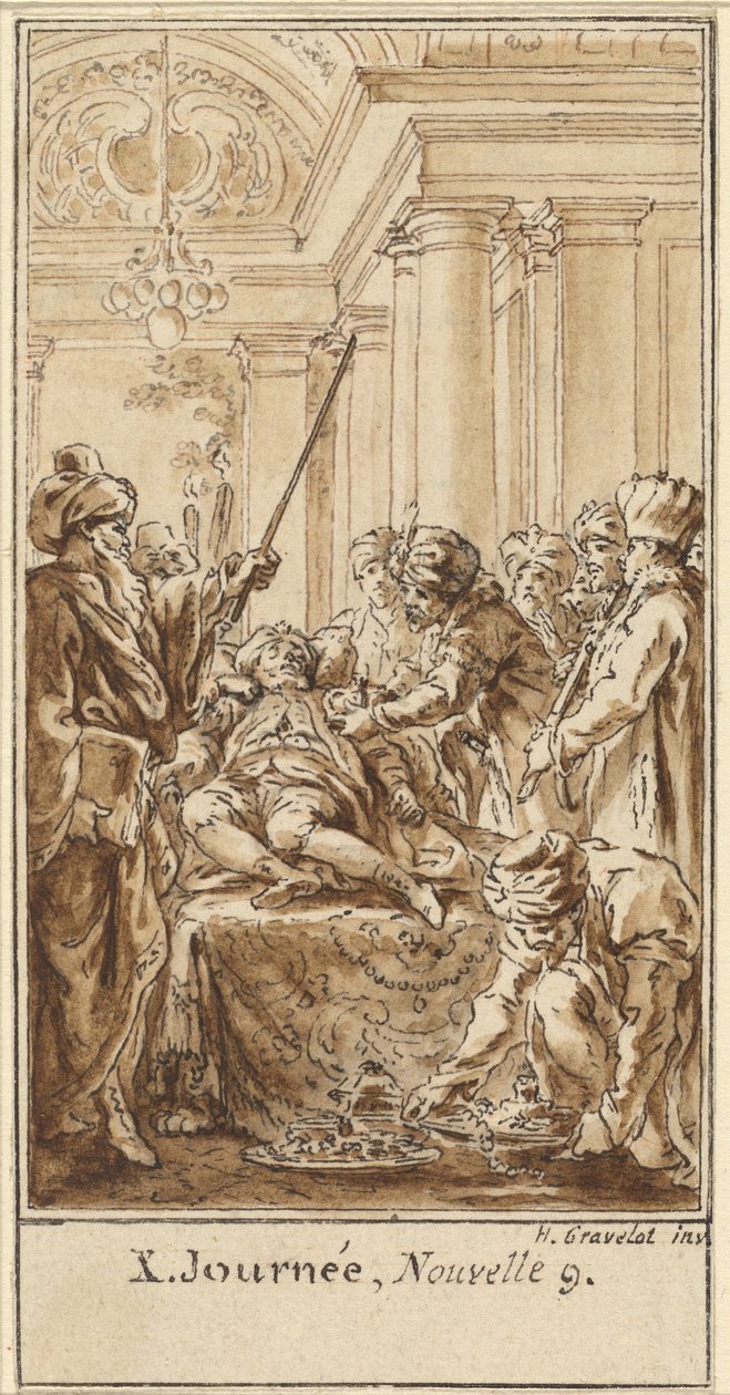 Tenth Day, Ninth Story: Saladin Bestows Rich Gifts on the Sleeping Torello by Hubert Francois Gravelot