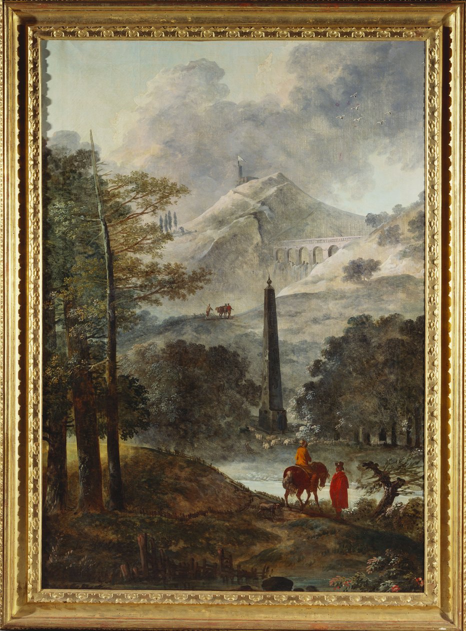 A Mountainous Landscape with an Obelisk by Hubert Robert
