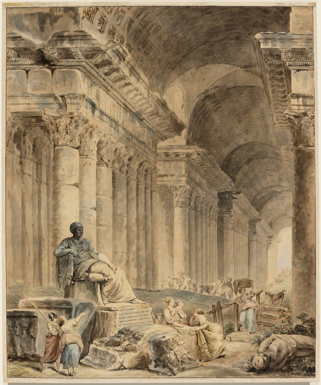 Arched Colonnade with Antique Seated Statue by Hubert Robert