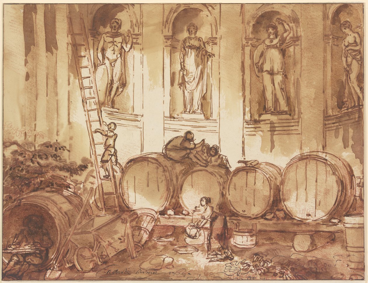 Wine Storage in a Niche Hall with Four Statues of Ancient Deities by Hubert Robert