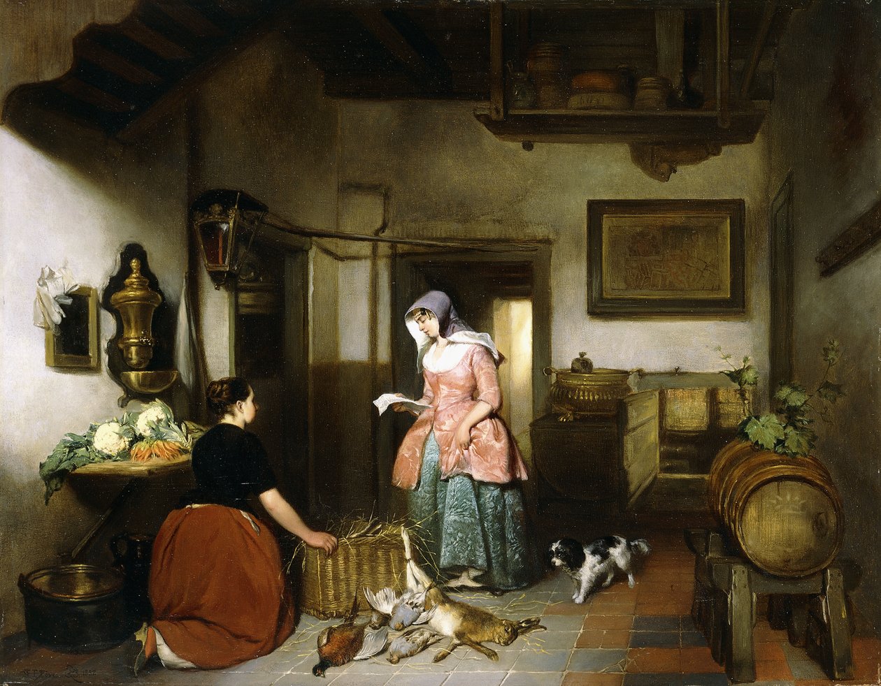 Interior of a Larder with Women Cleaning Game by Hubertus van Hove