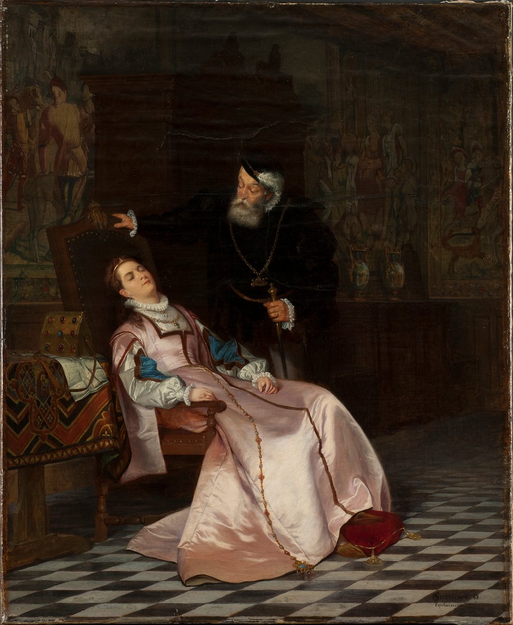 Gustav Vasa finds his consort Catherine Stenbock sleeping and hear her say King Gösta I love... by Hugo Salmson