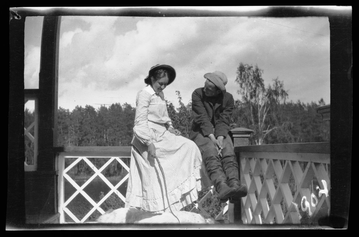 Erna and Guido Simberg and Sarto on the Porch of the Pink Villa by Hugo Simberg